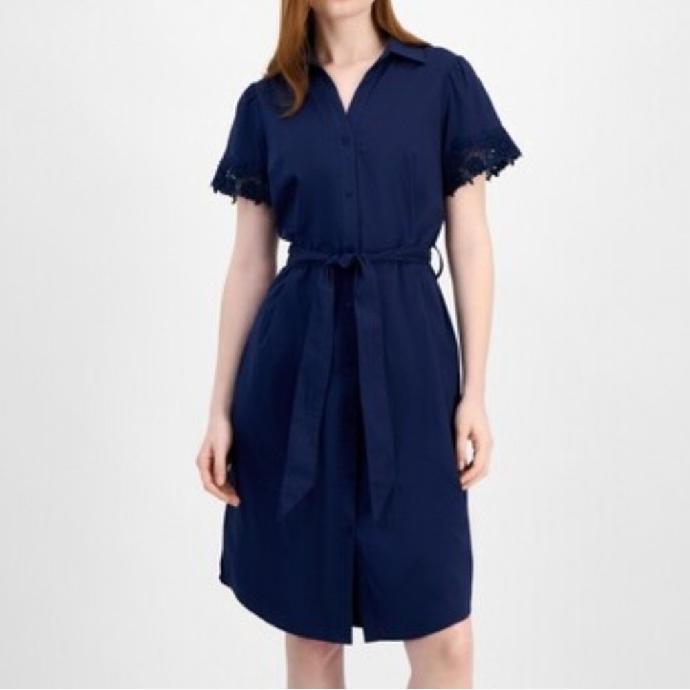 T Tahari Lace Trim Short Sleeve Collared Navy Shirtdress Womens Size XL NWT